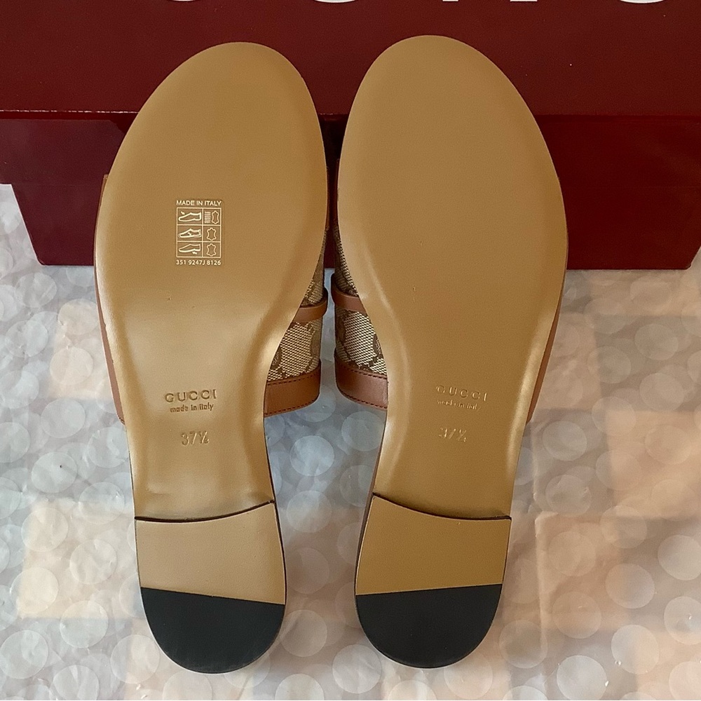 BNIB Gucci Alfa Gold Horsebit Brown GG Canvas Logo Leather Flat Slip Sandal 37.5 - Picture 10 of 12